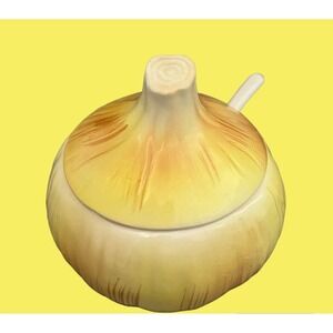 Kitchen Onion Yellow Container Spoon Mustard Condiment Relish Bowl Lid MCM‎ VTG